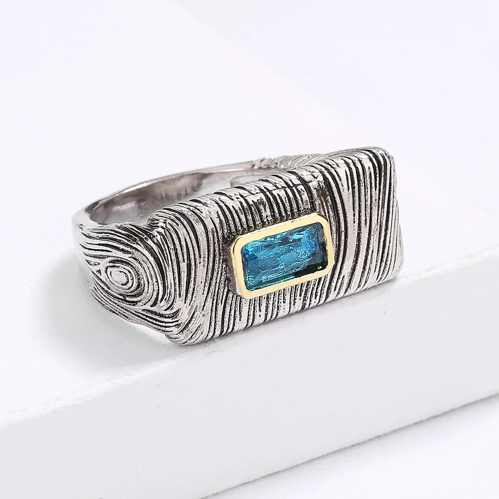 Vintage Silver Rings Blue Zircon Men's Rings Black & Gold Style Rings