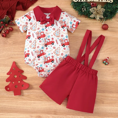 2-Piece Christmas Outfits! Boy’s Short Sleeve Onesies, Shorts, Bib Overalls & Bow-Tie Sets