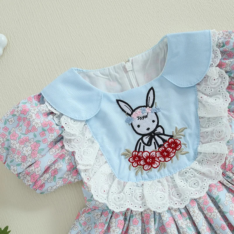 Girl's Floral Rabbit Embroidered Lace Ruffled Easter Dresses