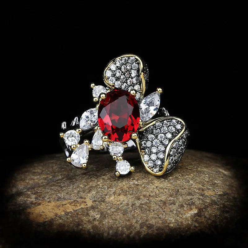 Black & Gold Style Two-Flower Ruby-Zircon Rings