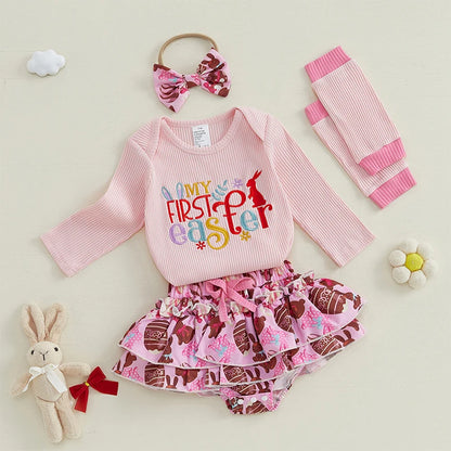 Girl's 4-Piece "My 1st / First Easter" Bunny Onesie, Ruffle Bloomers, Bow Headband & Leg Warmer Outfit Sets