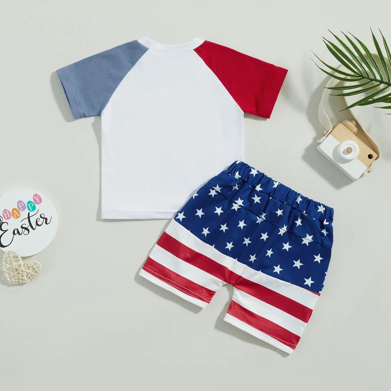 Boy's 2-Piece Independence Day "All American Boy" T-shirt with Stars & Stripes Shorts Sets