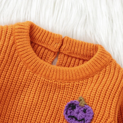 Halloween Outfits! Girl's & Boy's Embroidered Pumpkin Knit Sweater Onesie