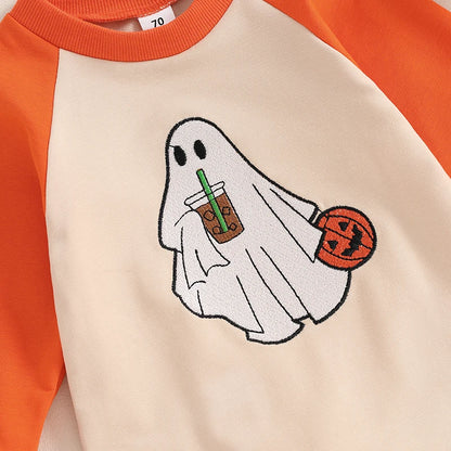 Halloween Outfits! Boy's & Girl's Embroidered Long Sleeve Ghost Pumpkin Rompers