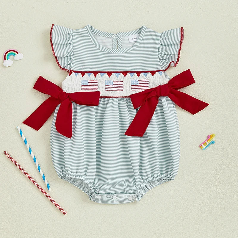 Girl's Embroidered 4th of July Doll Collar Bowed Rompers