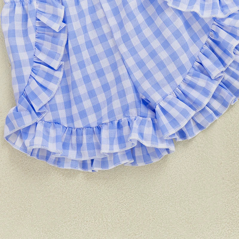 Girl's 2-Piece Embroidered 4th of July Fly Sleeve Golf Cart Top & Ruffled Plaid Shorts Sets