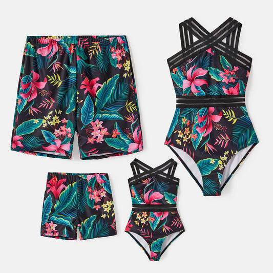 Family Matching! Swimwear Plant Crisscross One Piece Swimwear & Trunks