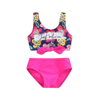 Kids Girls Swimwear Suit Letter Floral Print Front Vest Tops Shorts Clothes Set