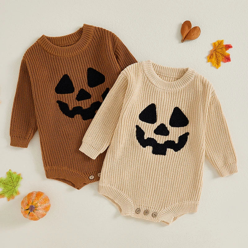 Girl's & Boy's Embroidered Halloween Pumpkin Long Sleeve Onesies