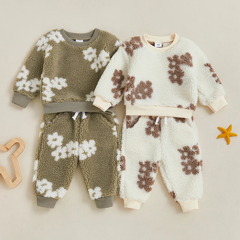 2-Piece Fall Outfits! Girl’s & Boy’s Long Sleeve Flower Sweatshirt Rompers & Pants Sets