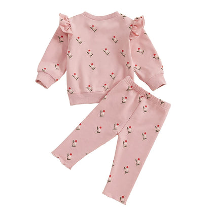 2-Piece Fall Outfits! Girl’s Long Sleeve Flower Sweatshirt Rompers & Pants Sets