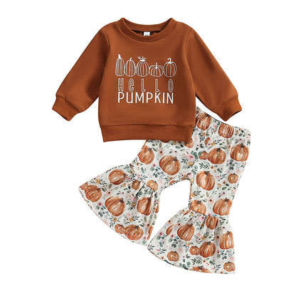 2-Piece Halloween Outfits! Girl’s Long Sleeve Pumpkin Sweatshirt & Pants Sets