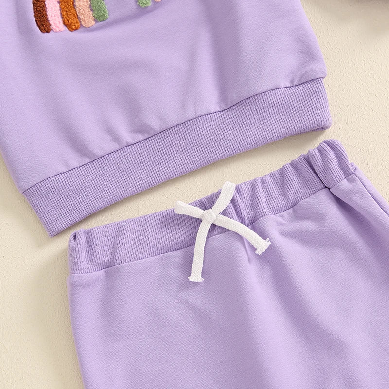 2-Piece Outfits! Girl's Embroidered Rainbow Sweatshirt & Pants Sets