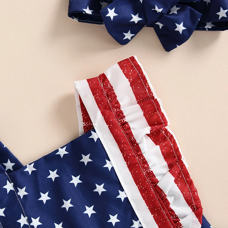 Girl's 2-Piece 4th of July Rompers & Bow Head Band Sets