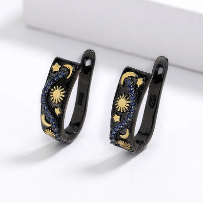 Star Moon Black & Gold Style Flower Earrings