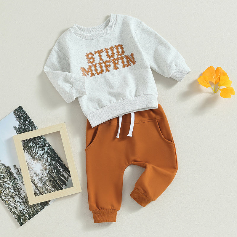 2-Piece Fall / Winter Outfits! Boy's "Stud Muffin" Letter Print Sweatshirt & Pants Sets