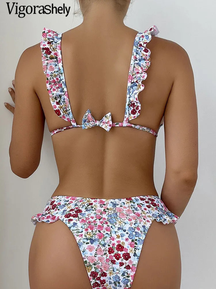 Print Verge Strapped Bikini Set Tied Push UP Swimsuit High Waist SwimwearBackless Beach Bathing Suit