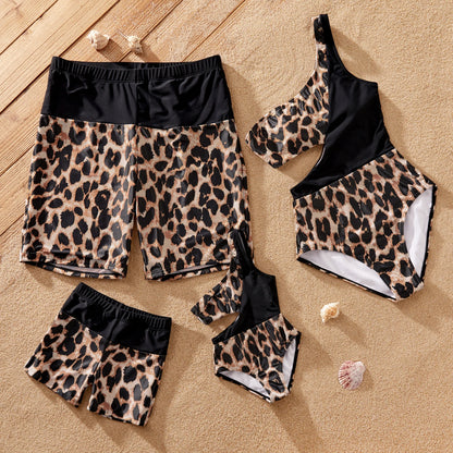 Family Matching! Leopard Panel Cut Out Waist One-Shoulder One Piece Swimsuit or Swim Trunks Shorts