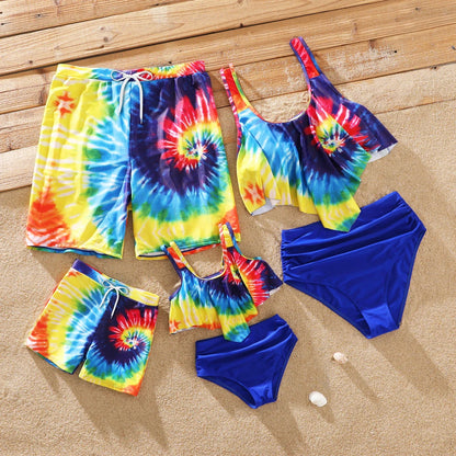 Family Matching! Tie Dye Tank Crop Top Bikini Set Swimwear or Swim Trunks Shorts Suitable for Summer Season