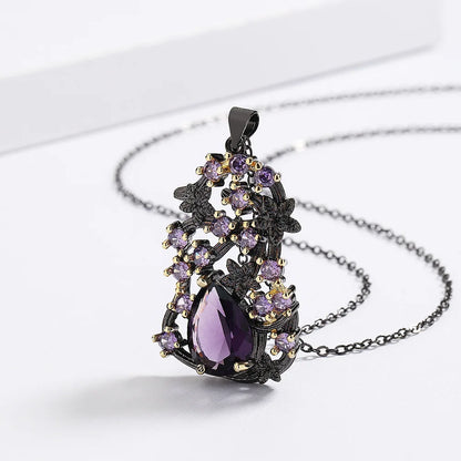 Purple Zircon Pendant Chain Black & Gold Style Purple Flower Necklace Personalized