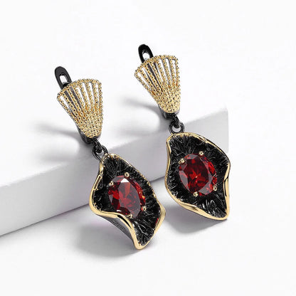 Ruby-Zircon Black & Gold Style Earrings