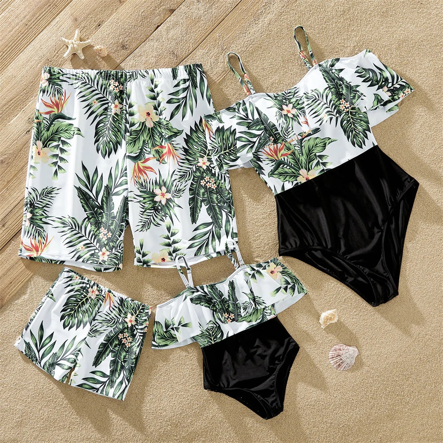 Family Matching! Plumeria One Piece Flounce Swimwear & Trunks