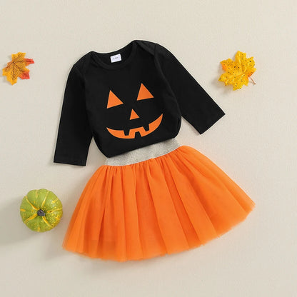 2-Piece Halloween Outfits! Girl’s Long Sleeve Rompers & Skirt Sets