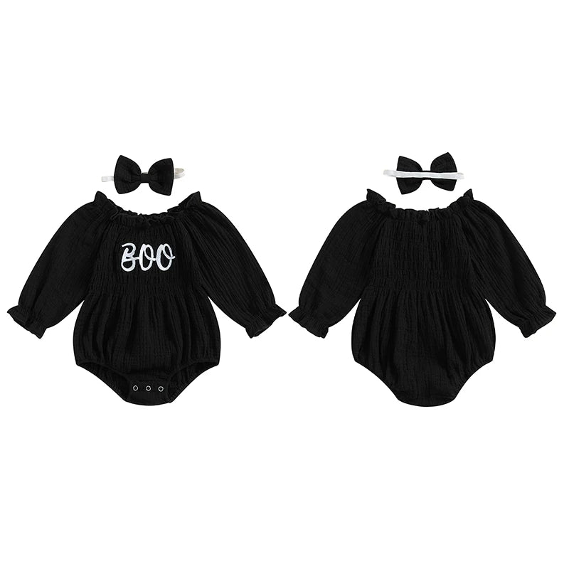 2-piece Girl's Halloween *Boo* Onesies with Matching Bow Headband