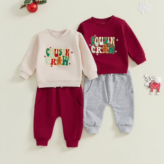 Family Matching! 2-Piece Christmas Boy's & Girl's "Cousin Crew" Embroidered Sweatshirt & Pants Sets