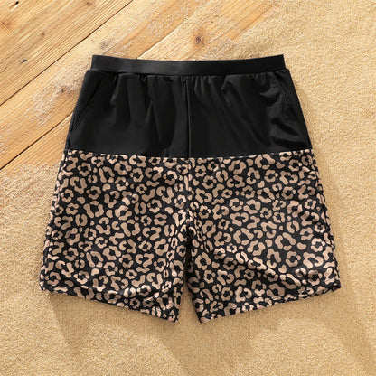 Family Matching! Leopard Splice Black Swim Trunks Shorts and One Shoulder Self Tie One Piece Swimsuit