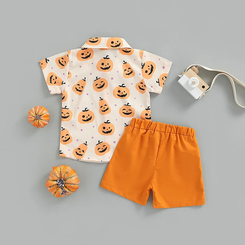 3-Piece Halloween Outfits! Boy’s Short Sleeve Ghost, Pumpkin, Onesie, Shorts & Bow-Tie Sets