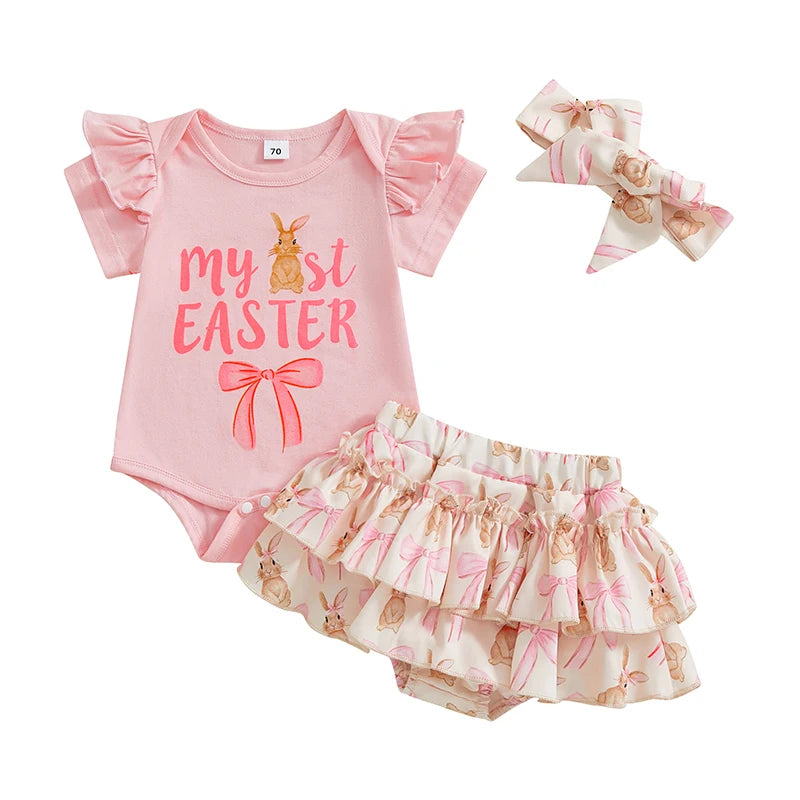 Girl's 3-Piece "My 1st Easter" Onesie, Ruffled Skirt & Bow Headband Sets