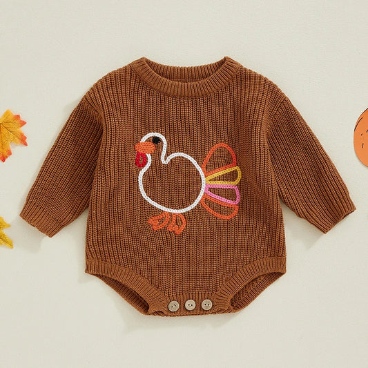 Girl's & Boy's Embroidered Thanksgiving Turkey Sweater Onesies