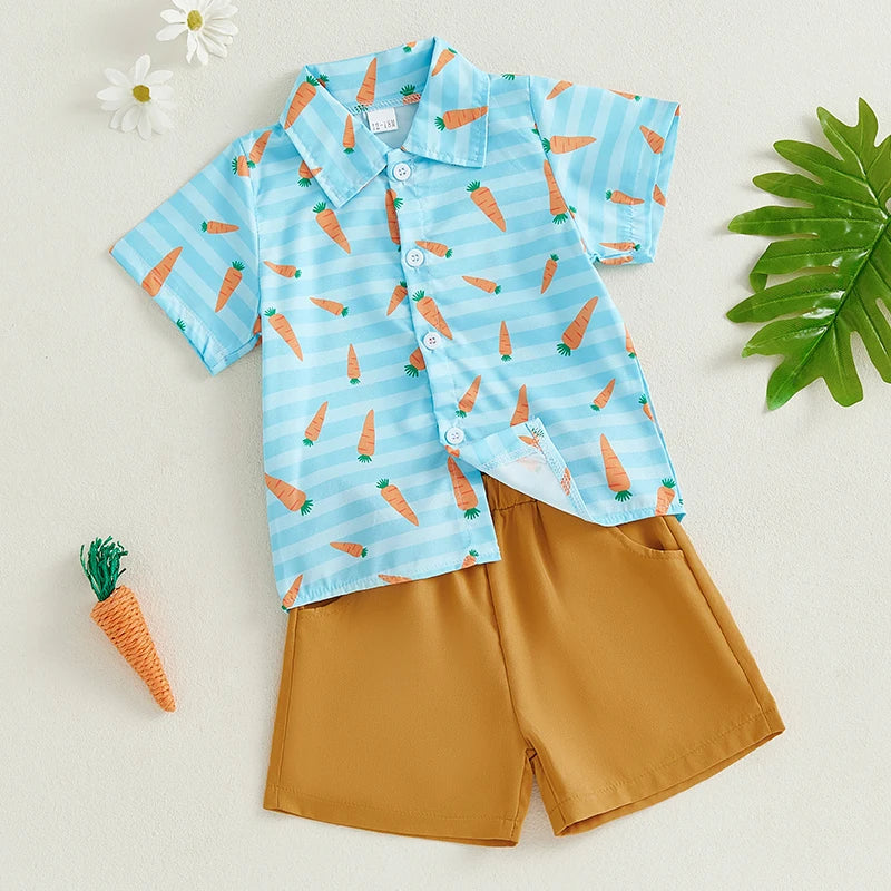 Boy's 2-Piece Easter Bunny/Carrot Button-Up Polos & Shorts Sets