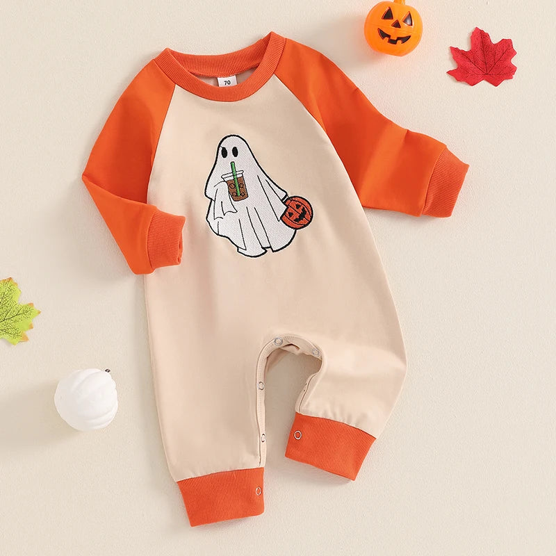 Halloween Outfits! Boy's & Girl's Embroidered Long Sleeve Ghost Pumpkin Rompers