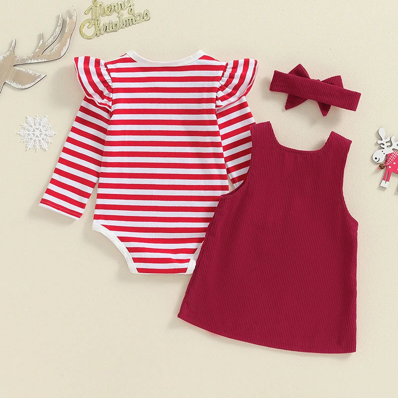 3-Piece Christmas Outfits! Girl’s Embroidered Onesies, Overall Dresses & Bow Headband Sets