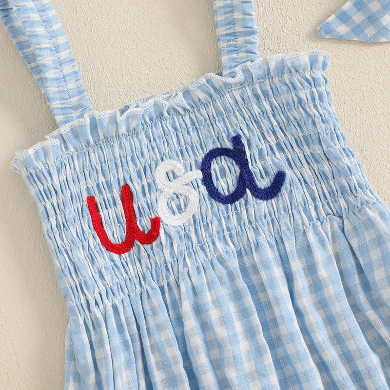 Girl's 2-Piece Embroidered July 4th Rompers & Bow Head Band Sets