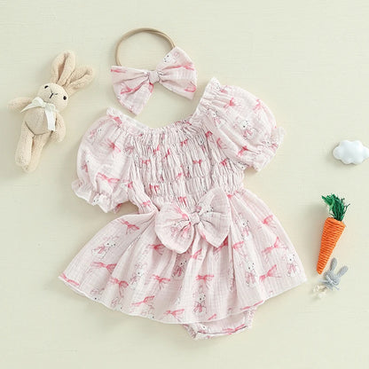 Girl's Easter Bunny Smocked Puff Sleeve Romper Dresses & Bow Headband Sets