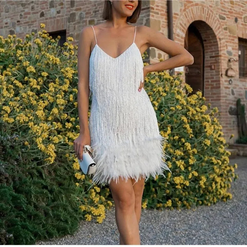 Womens Flirty Feather Mini Party Dress