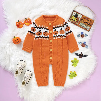 Halloween Pumpkins! Girl's & Boy's Warm & Cozy Knit Sweater Button-Up Rompers