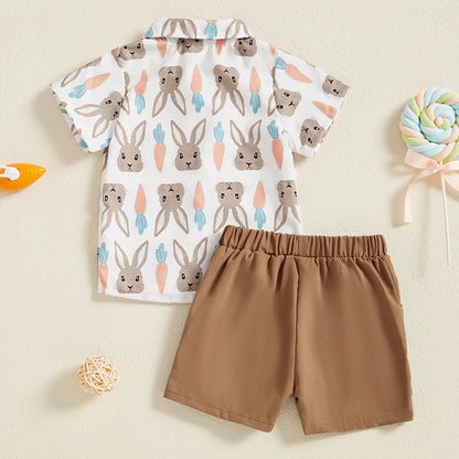 Boy's Easter Bunny Carrot Turn Down Shirt Collar Shirt & Shorts Set