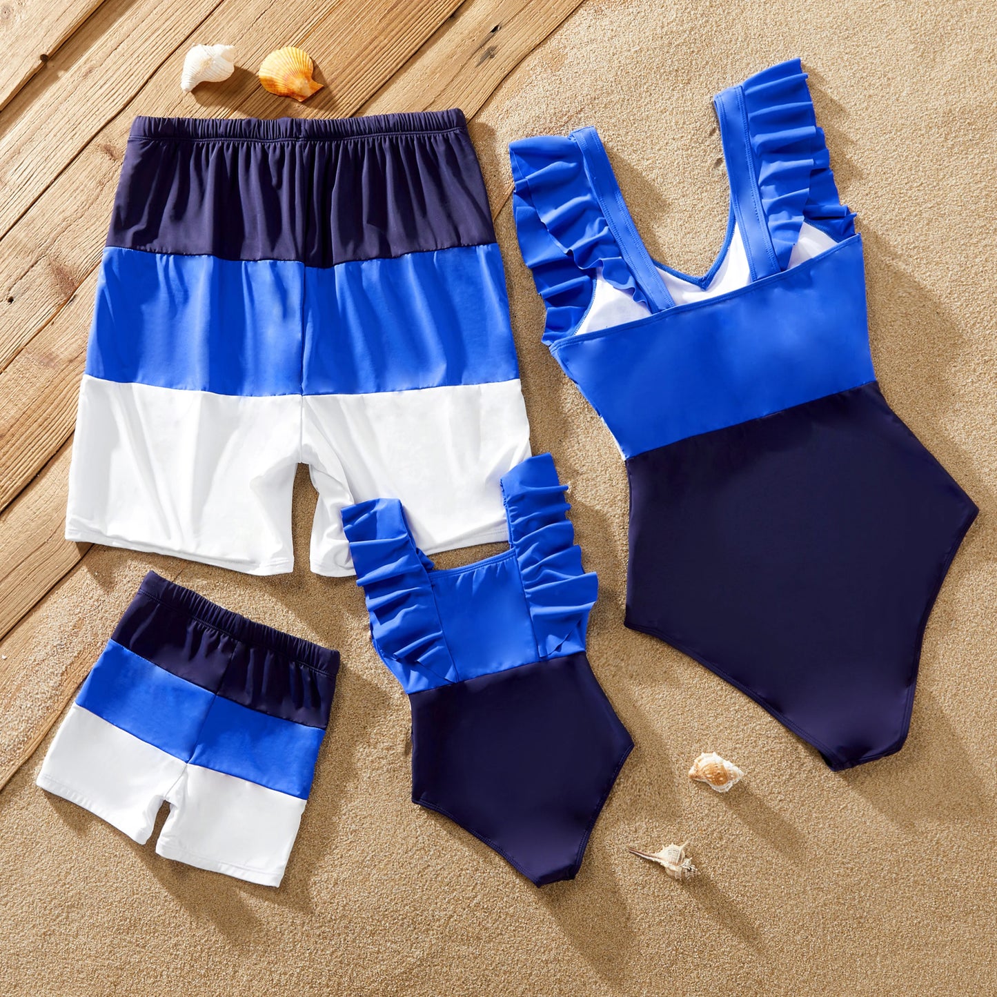 Family Matching! UPF50+ Family Matching Swimsuit Color Block Drawstring Swim Trunks or Ruffle Trim One-Piece Swimsuit (Sun-Protective)