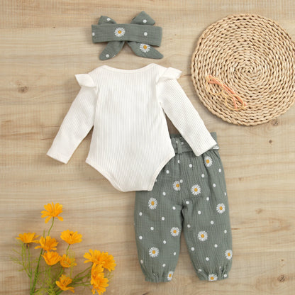 2-Piece Fall Outfits! Girl’s Long Sleeve Rompers, Pants, & Bow Headband Sets