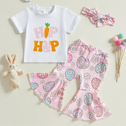 Girl's "Hip Hop" Easter T-Shirts, Flare Pants & Bow Headband Sets