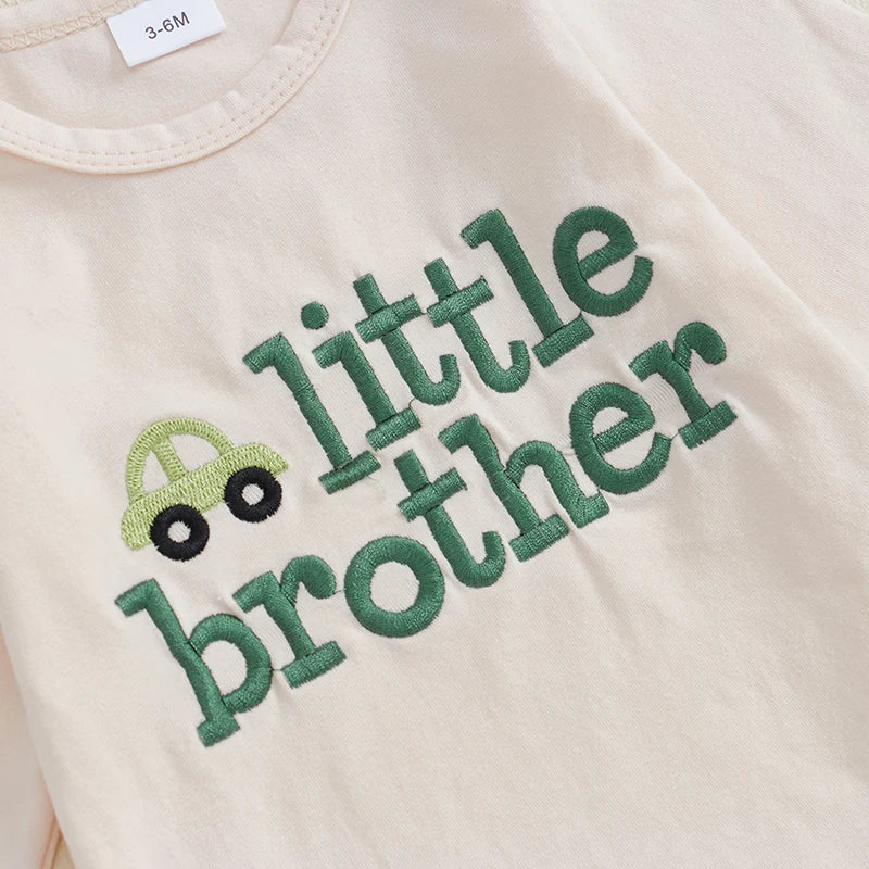 3-Piece Fall Outfits! Boy’s "Little Brother" Embroidered Onesies, Pants & Hat Sets