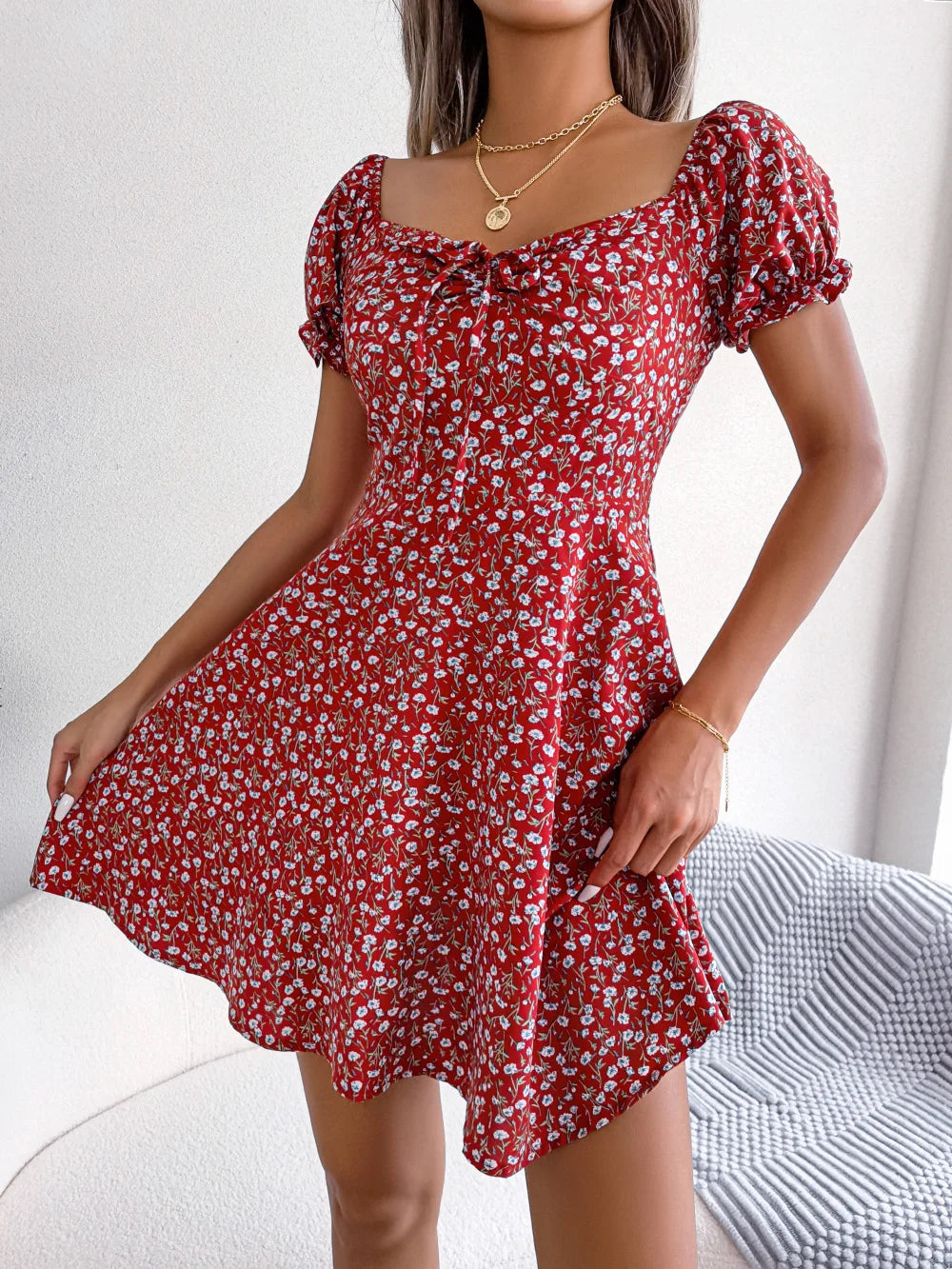 Womens Floral Print Puff Sleeve Mini Dresses