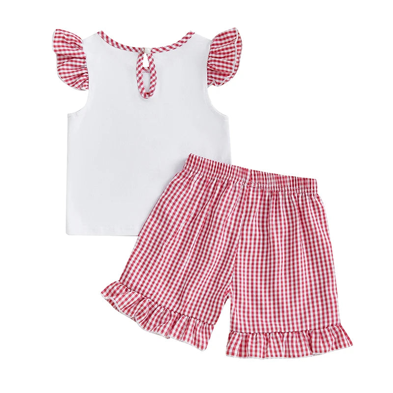 Girl's 2-Piece Embroidered 4th of July Fly Sleeve Popsicle Top & Plaid Shorts Sets