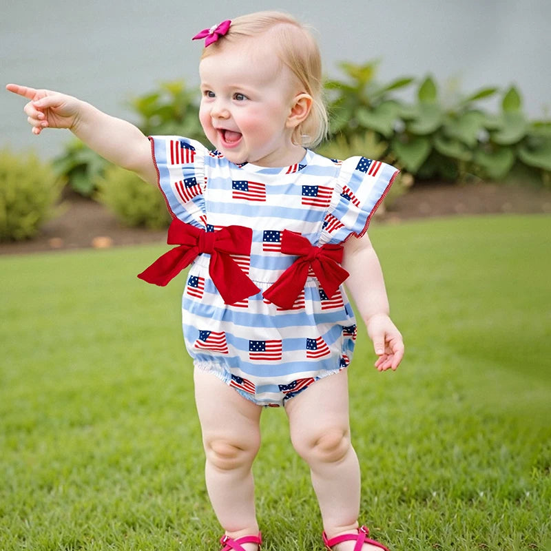 Girl's American Flag 4th of July Doll Collar Bowed Rompers