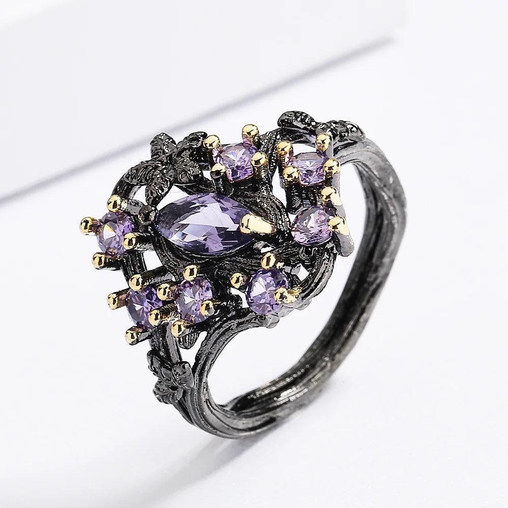 Purple Zircon Black & Gold Style Flower Rings