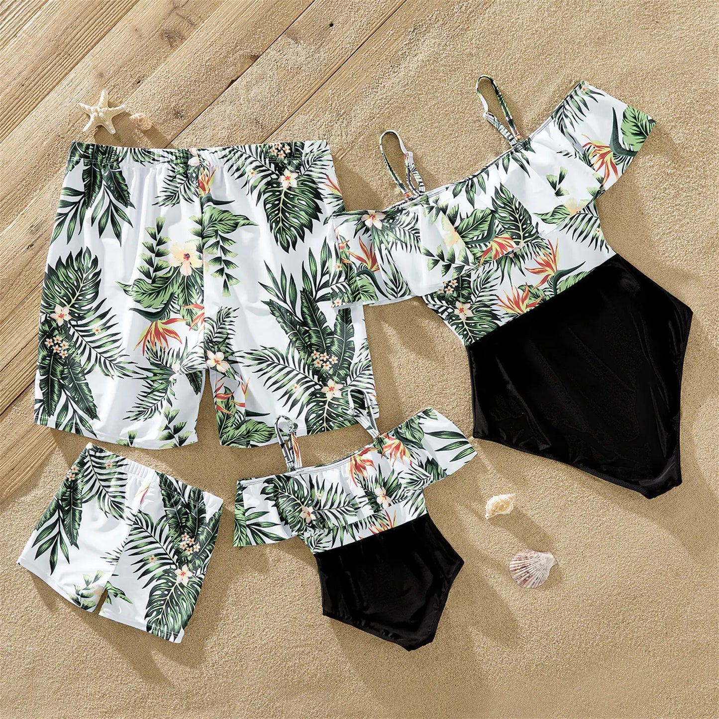 Family Matching! Plumeria One Piece Flounce Swimsuits & Trunks